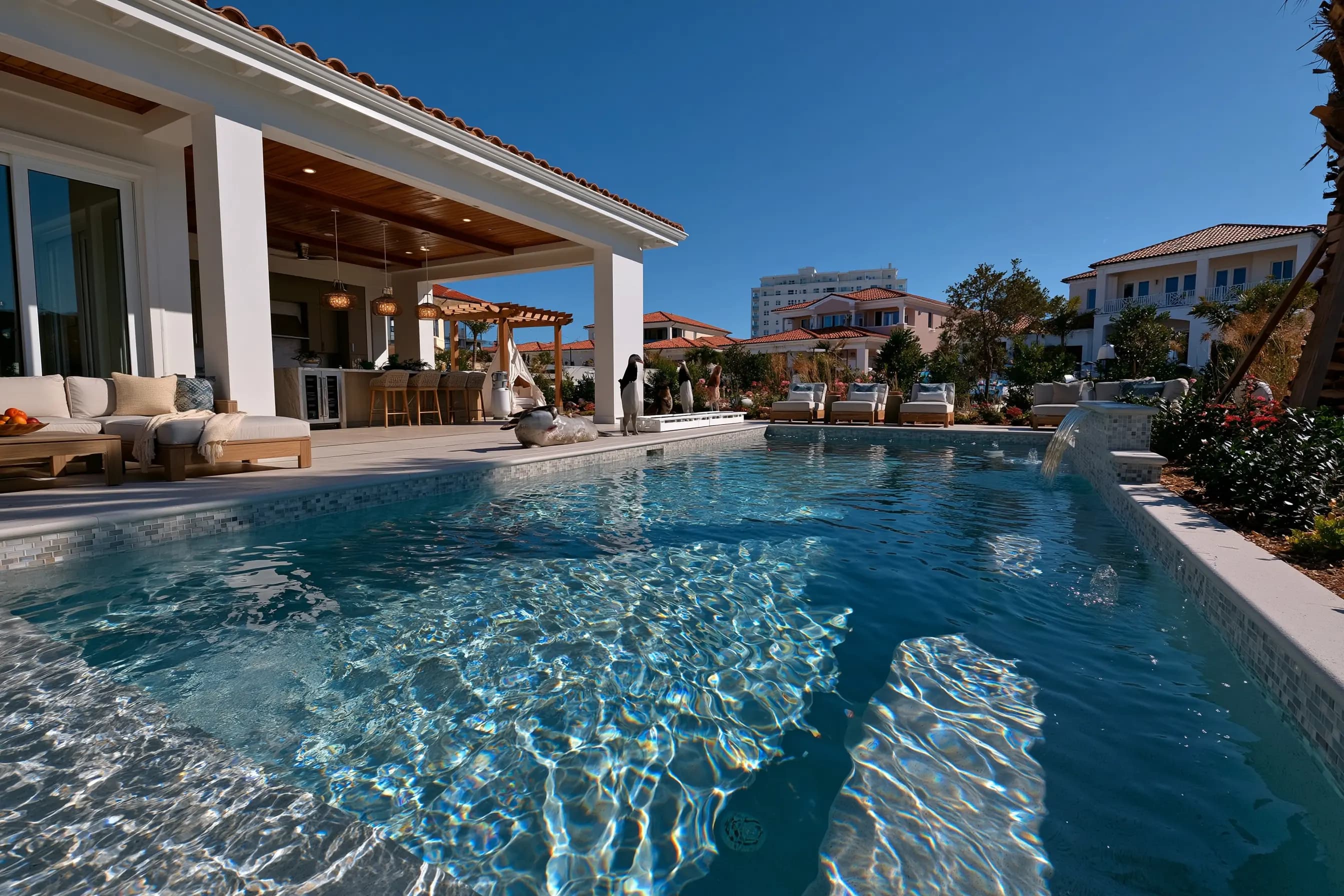 Covered poolside lounge and outdoor kitchen beside a resort-style pool with a waterfall spillway, framed by Mediterranean-style villas