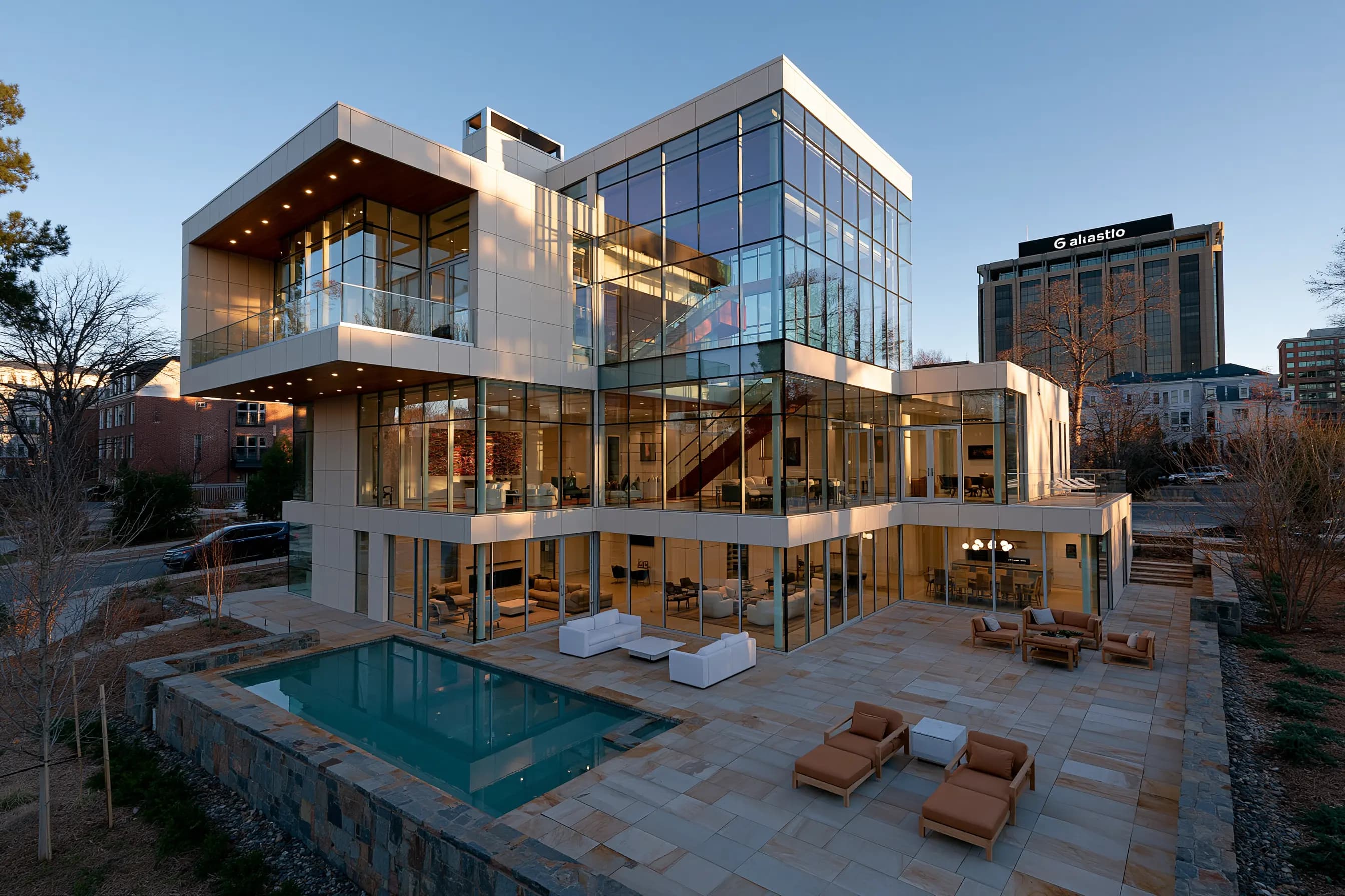 Glass-fronted urban mansion with a terrace pool overlooking the city