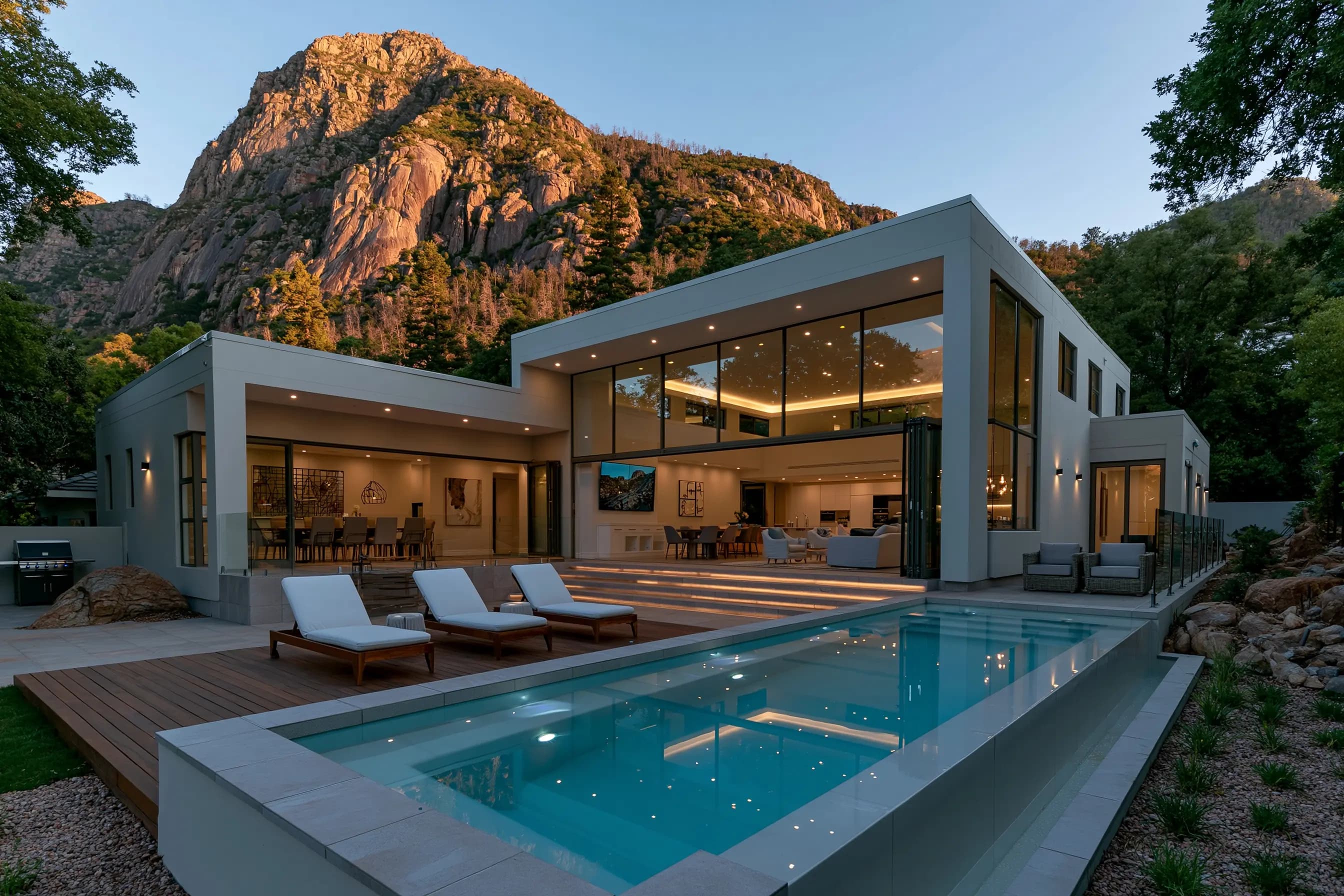 Modern home with an infinity pool set against a dramatic rock outcrop at dusk
