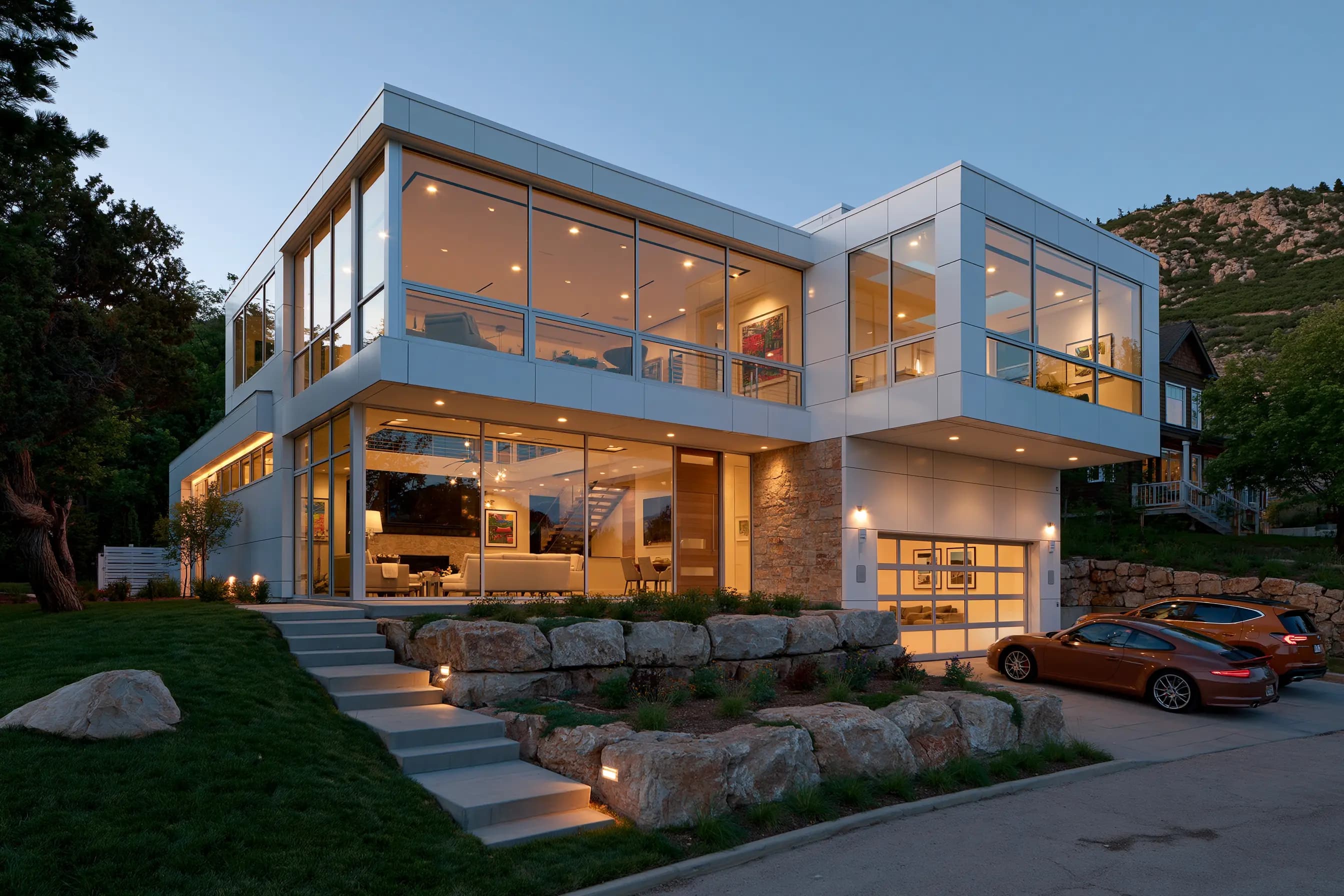 Two-story modern home with glass walls glowing at dusk